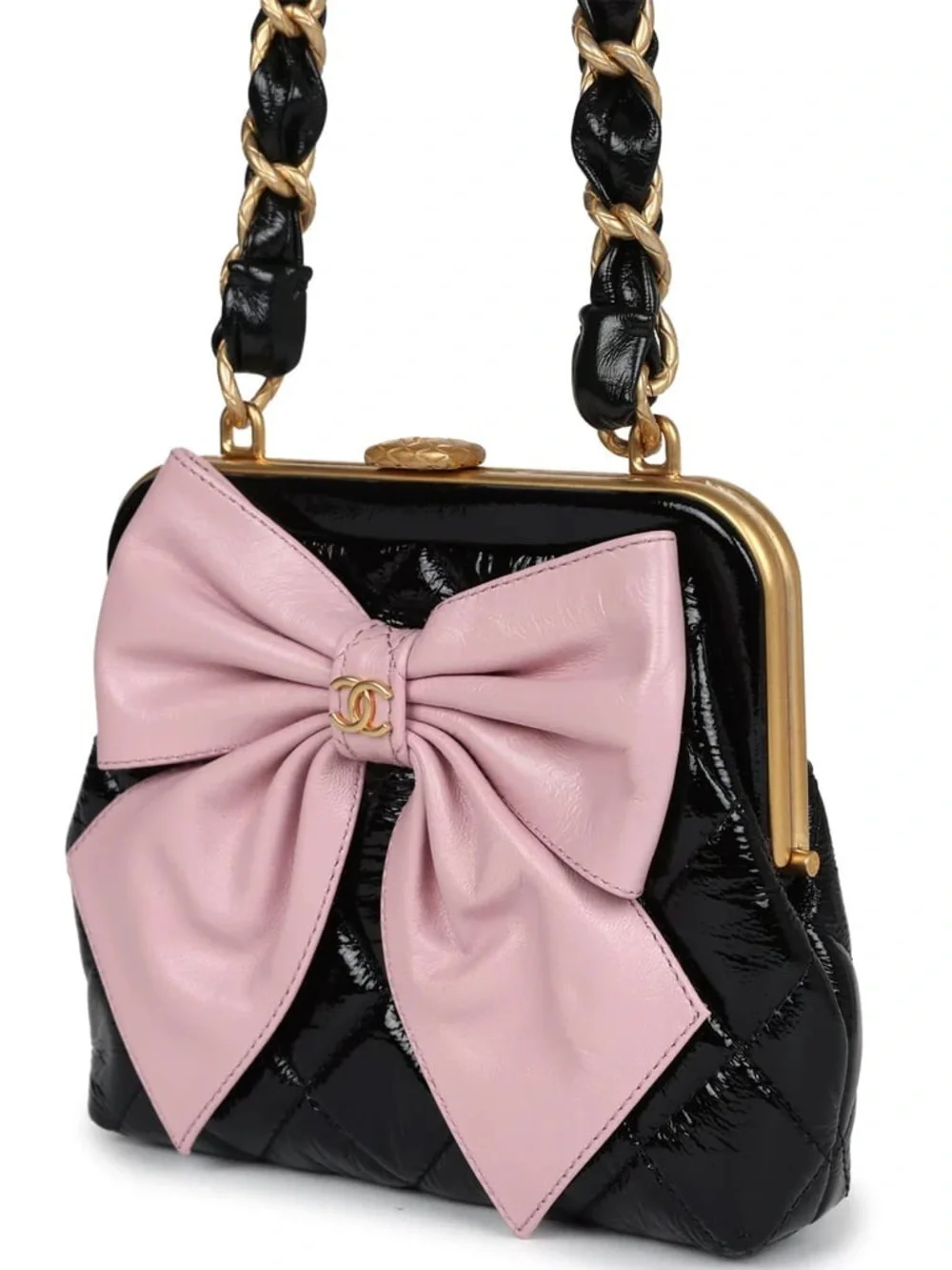 Authentic CHANEL mini pink bow black lambskin patent leather crossbody bag